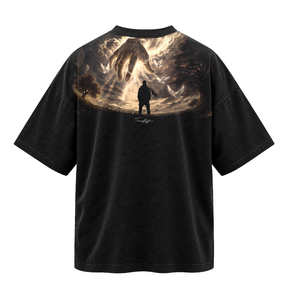 YAHWEH 001 The Hand, back: the hand reaching down to a lone figure, on an oversized washed black tee