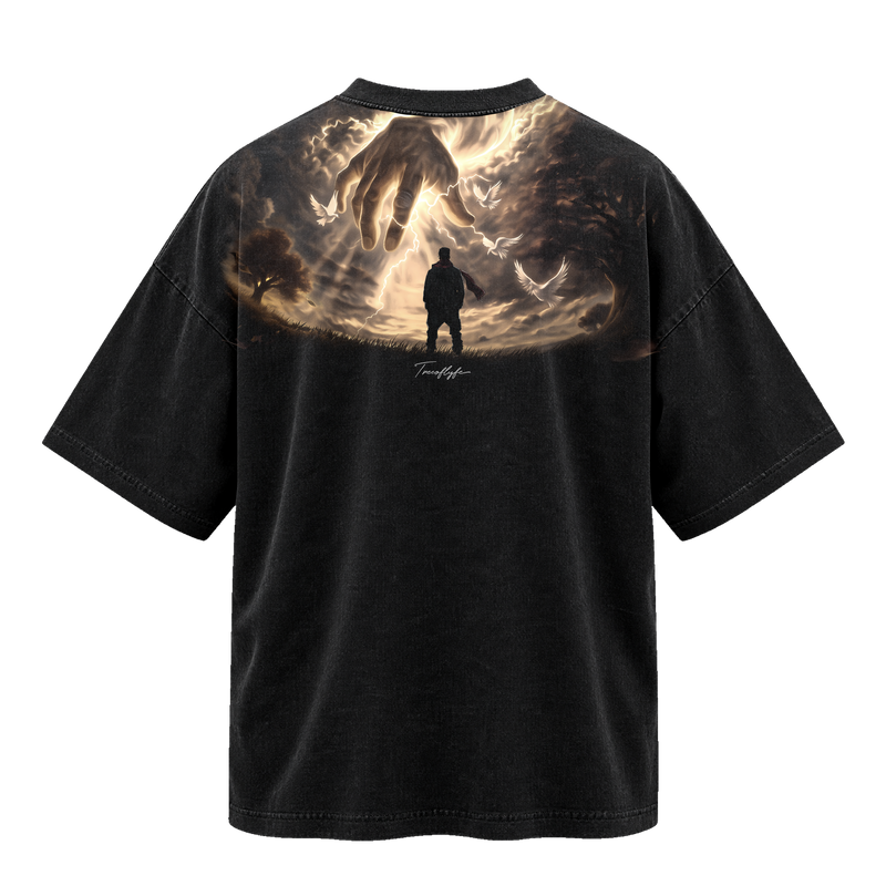 YAHWEH 001 The Hand, back: the hand reaching down to a lone figure, on an oversized washed black tee