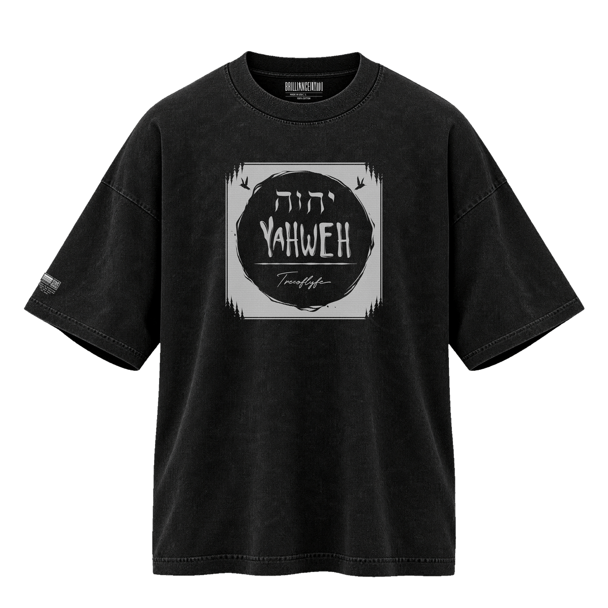 YAHWEH 002 The Seal, front: the name set inside a square seal, on an oversized washed black tee