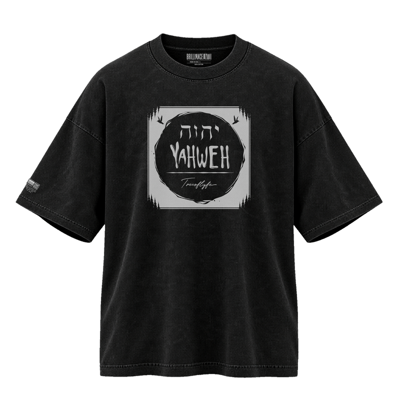 YAHWEH 002 The Seal, front: the name set inside a square seal, on an oversized washed black tee